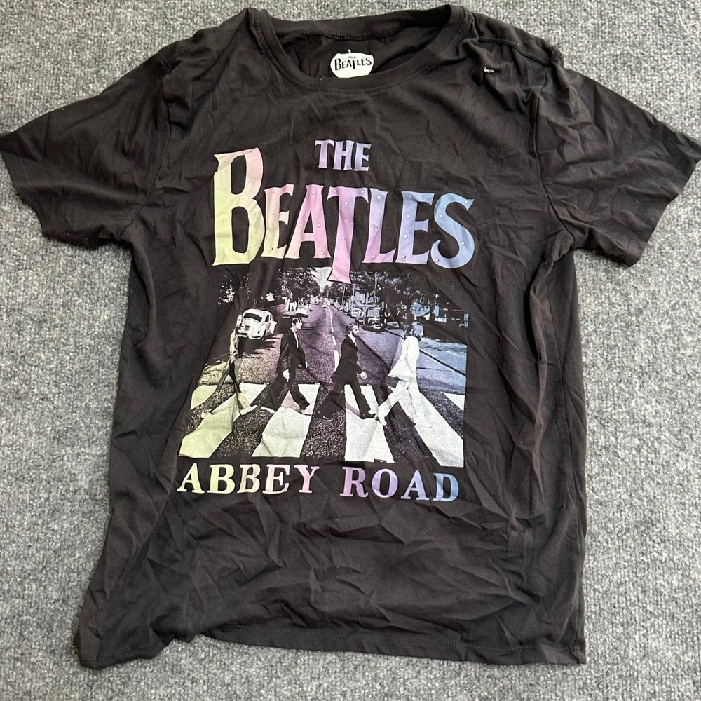 The Beatles T-Shirt Womens Size M Black Abbey Road Rhinestone Graphic Band Tee